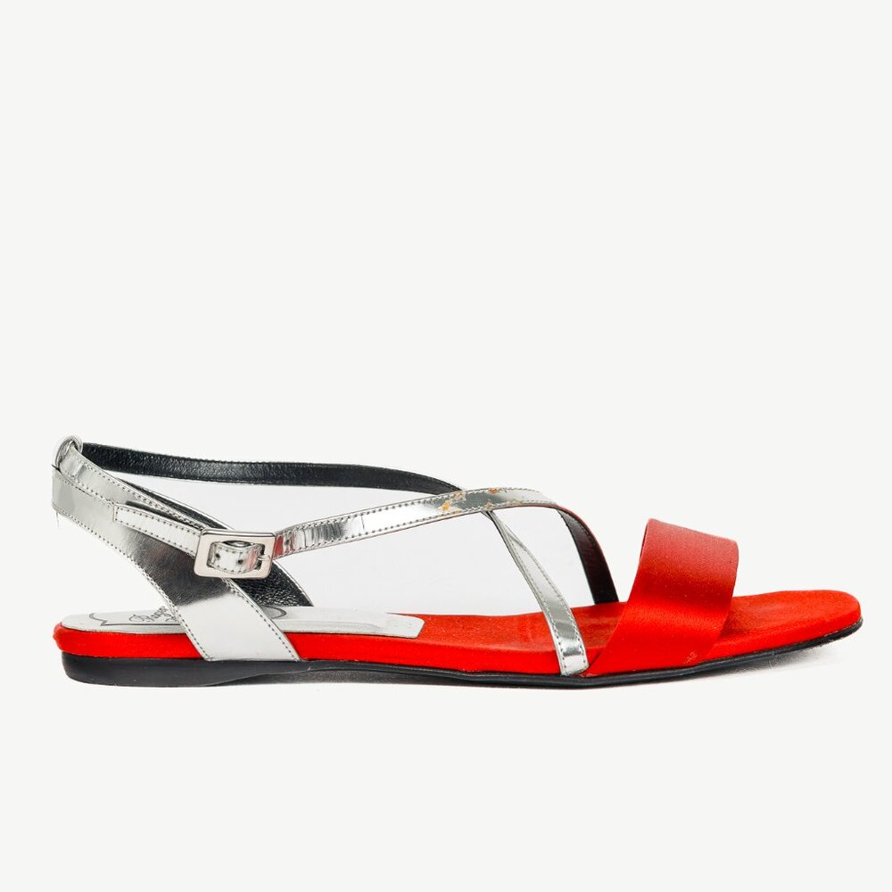 Roger Vivier SS/14 Red Satin & Silver Patent-Leather Flat Sandals
